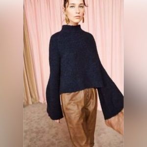 ULLA JOHNSON Amina Sweater Mock Neck Bell Sleeve Navy Blue Wool Cashmere